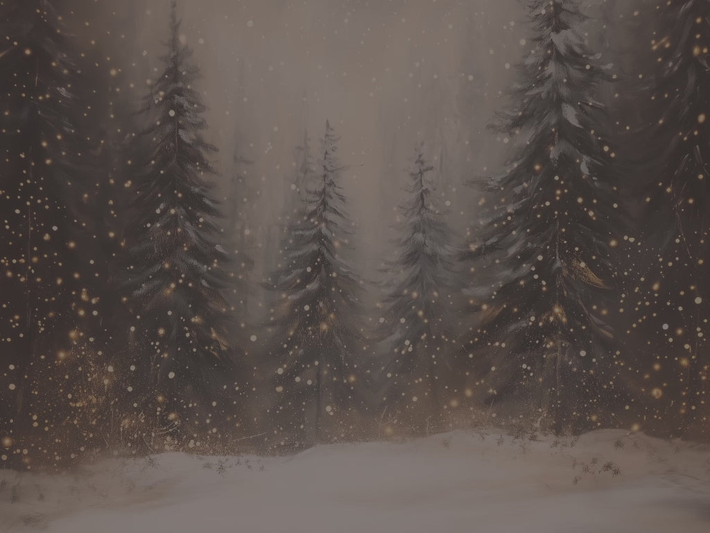 Winterliches Leinwandbild | Verschneiter Kiefernwald mit funkelnden Lichtern | Gemütliche, rustikale Weihnachtsdeko – das perfekte Geschenk für Ihr Zuhause