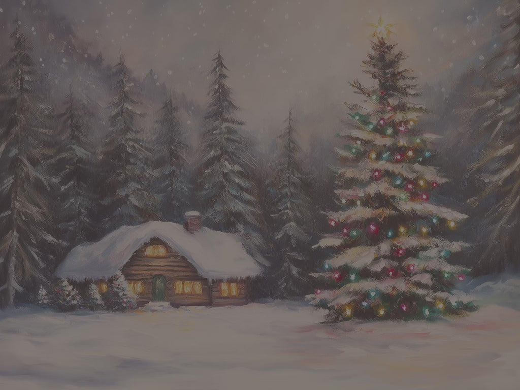 Winterliches Leinwandbild | Gemütliche Hütte mit verschneitem Wald und Weihnachtsbaum | Rustikale Dekoration für die Feiertage – das perfekte Geschenk
