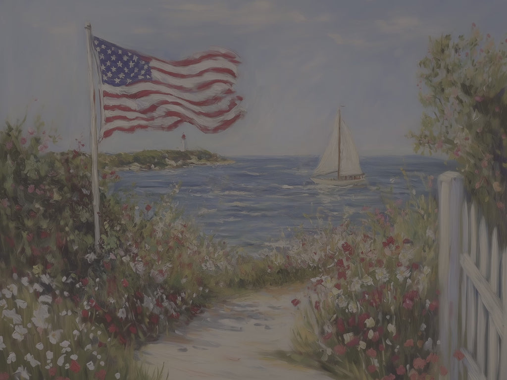 Patriotisches Wandbild im Küstenstil | Segelboot mit amerikanischer Flagge und Leuchtturm | Sommerdeko zum 4. Juli