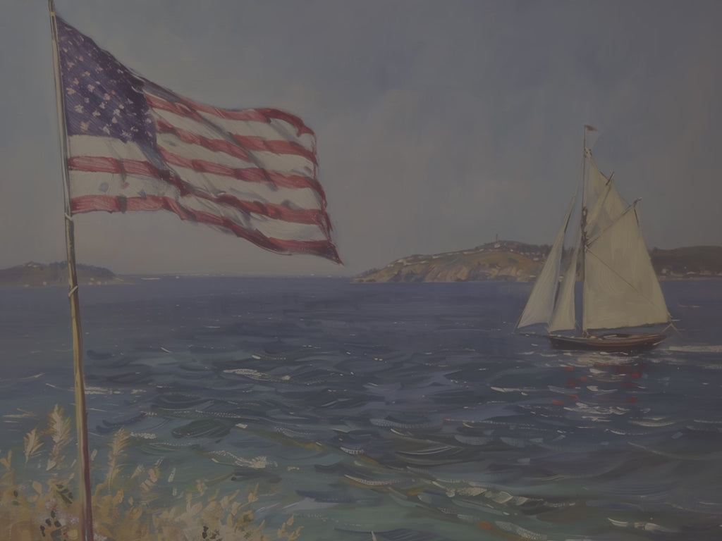 Leinwandbild mit Küstenmotiv | Segelboot mit amerikanischer Flagge | Patriotisches maritimes Deko-Geschenk