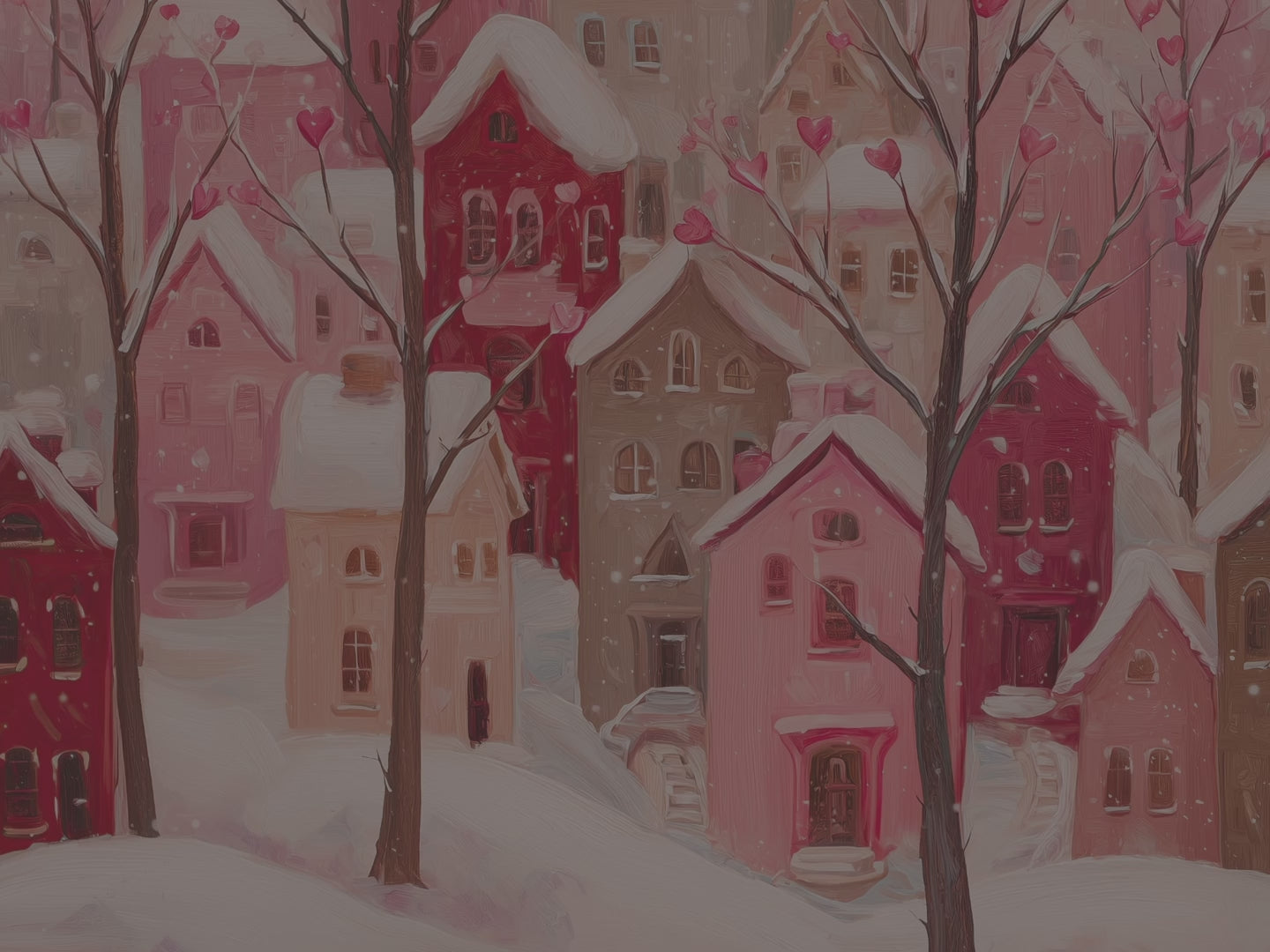 Couverture romantique et douillette « Village de la Saint-Valentin en forme de cœur » | Peluche rose représentant un village d'hiver | Cadeau romantique et réconfortant