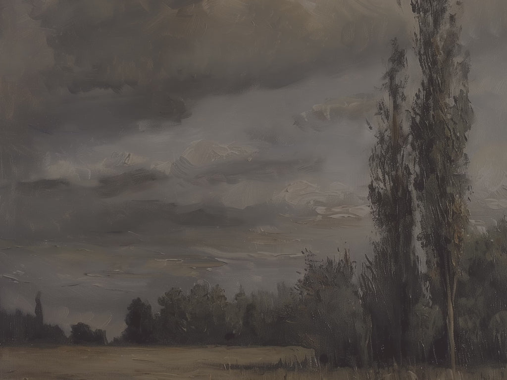 Dekokissen „Stimmungsvolles Landhaus“ – Gewitterlandschaft mit Feld und Baum