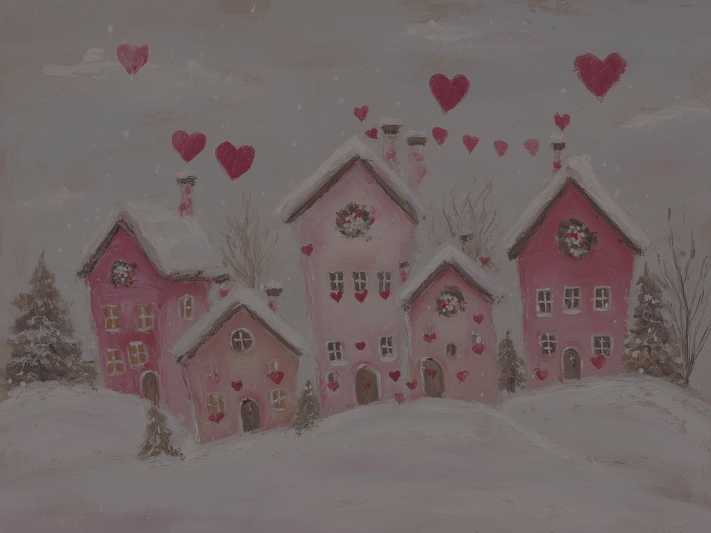 Verspieltes rosa Winterdorf auf Leinwand | Romantisches Herzmotiv mit verschneiten Häusern | Wandbild zum Valentinstag