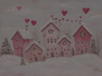 Verspieltes rosa Winterdorf auf Leinwand | Romantisches Herzmotiv mit verschneiten Häusern | Wandbild zum Valentinstag