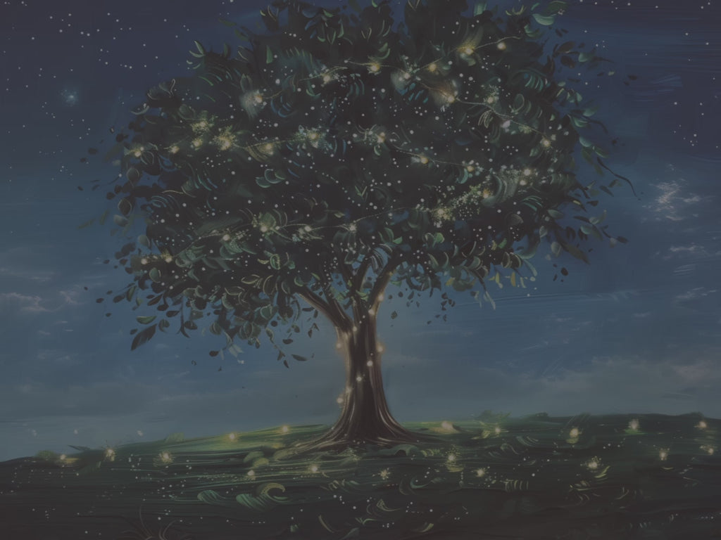 Dekokissen „Leuchtender Glühwürmchenbaum“ – Magischer Nachthimmel mit Sternenlichtern