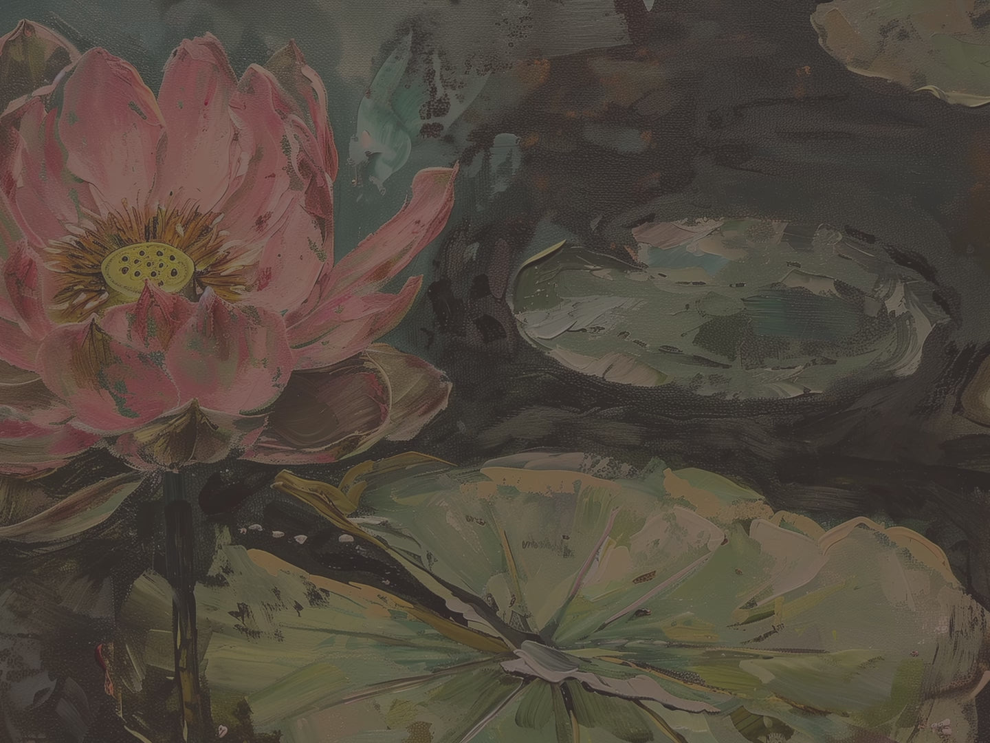 Leinwandbild mit rosa Lotusblume – Seerosenblätter, botanisch, modern-impressionistisch