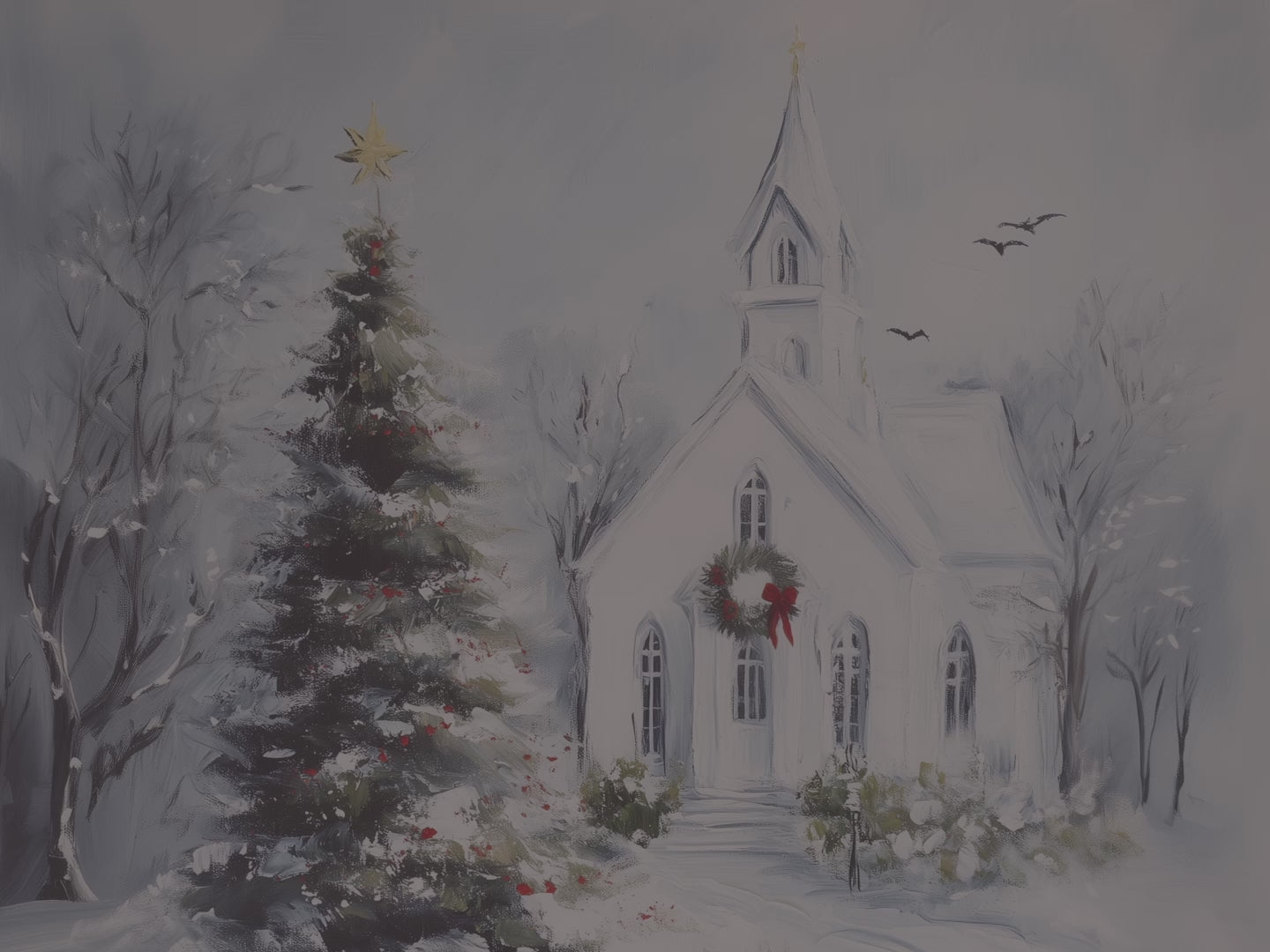 Weihnachtliches Leinwandbild | Winterliche Kirchenszene mit Schneebedeckt | Christliches Deko-Geschenk für Zuhause