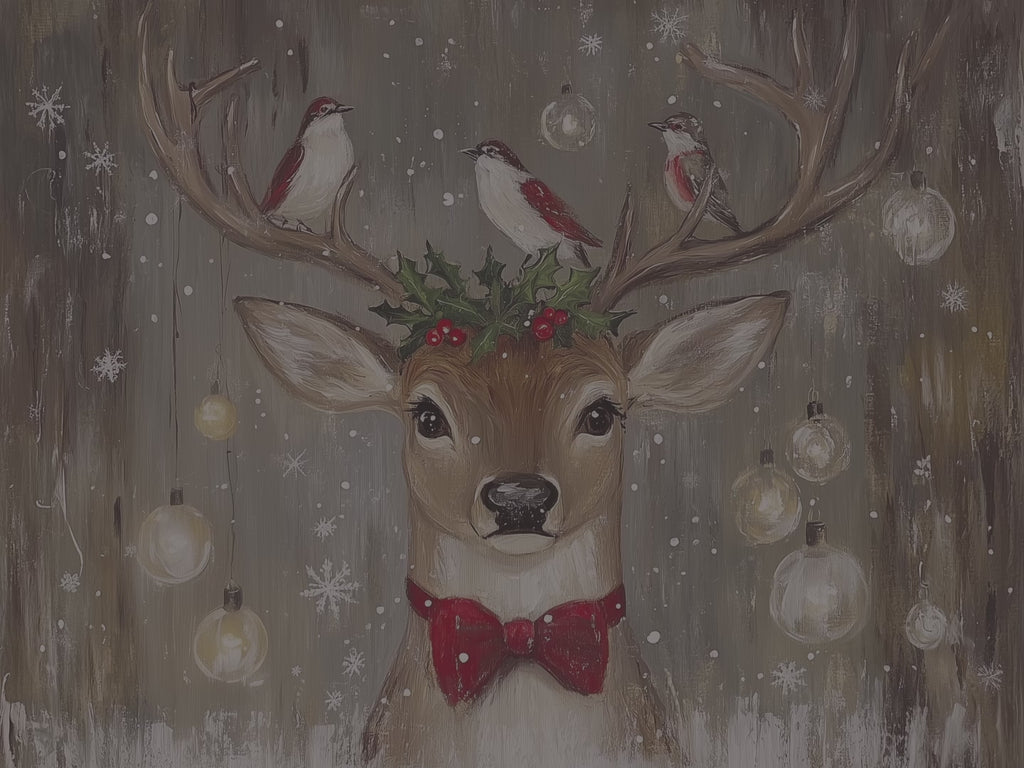 Weihnachtskissen mit Rentiermotiv – Festliches Kissen mit Vögeln und Stechpalme