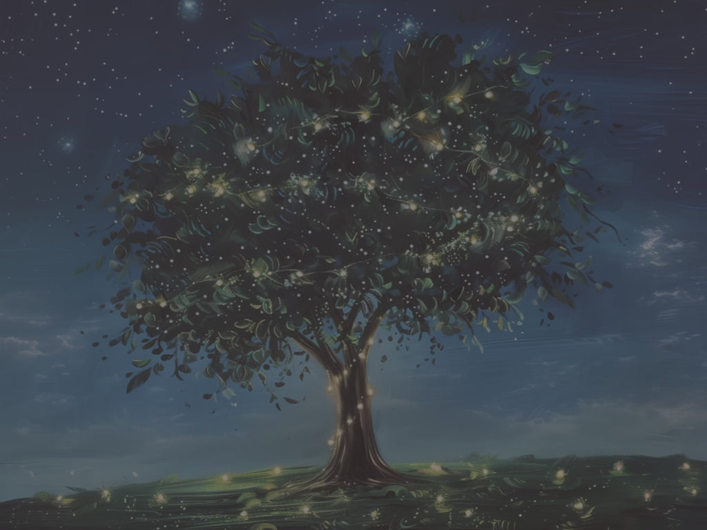 Leuchtender Glühwürmchenbaum als Leinwandbild – Sternenklare Nachtwiese, fantasievoll und verspielt