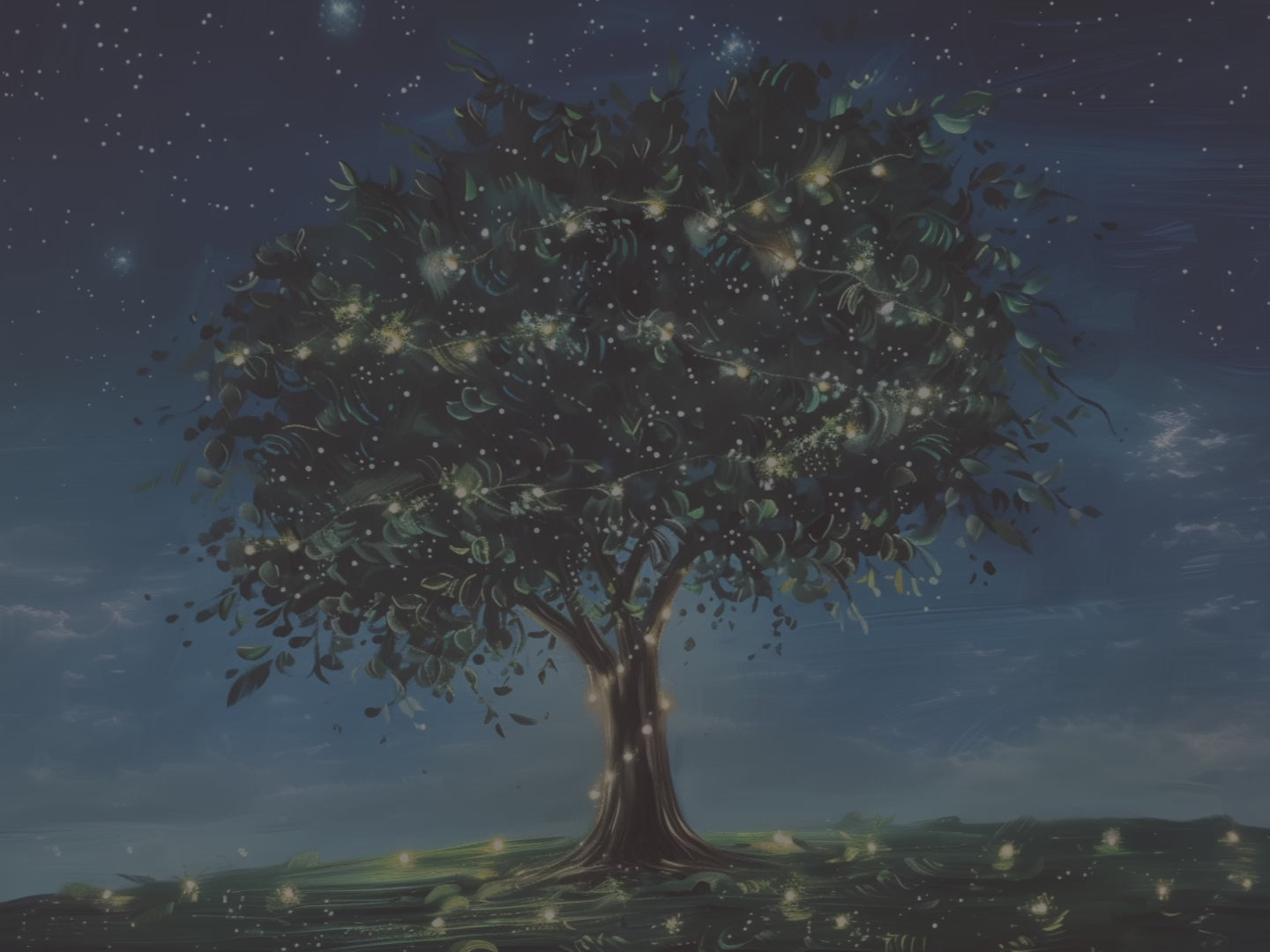 Leuchtender Glühwürmchenbaum als Leinwandbild – Sternenklare Nachtwiese, fantasievoll und verspielt