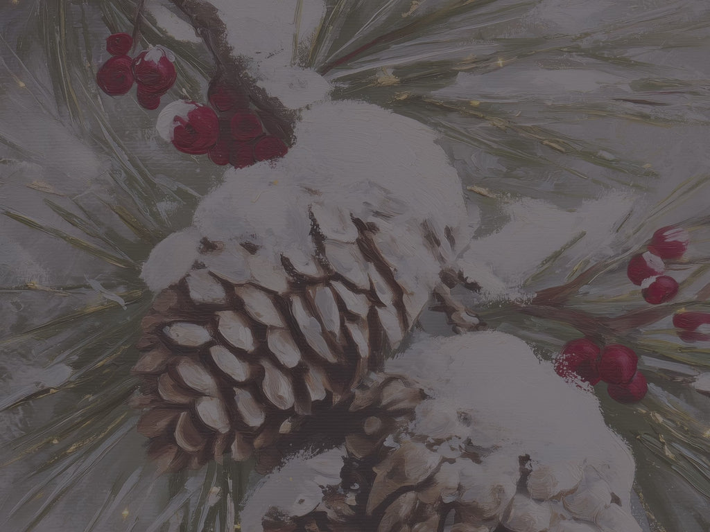 Leinwandbild mit verschneiten Kiefernzapfen – Winterliche rote Beeren, rustikale Weihnachtsdekoration im Waldstil