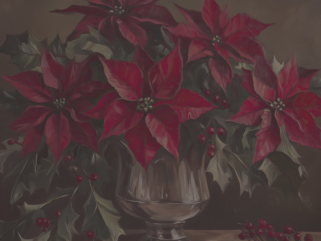Weihnachtliches Leinwandbild | Roter Weihnachtsstern in silberner Vase | Botanische Winterdeko – Geschenkidee für Zuhause