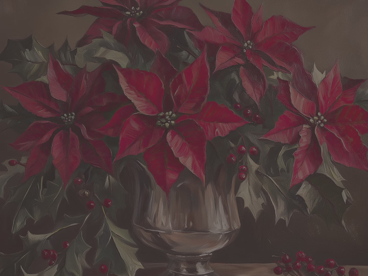 Weihnachtliches Leinwandbild | Roter Weihnachtsstern in silberner Vase | Botanische Winterdeko – Geschenkidee für Zuhause