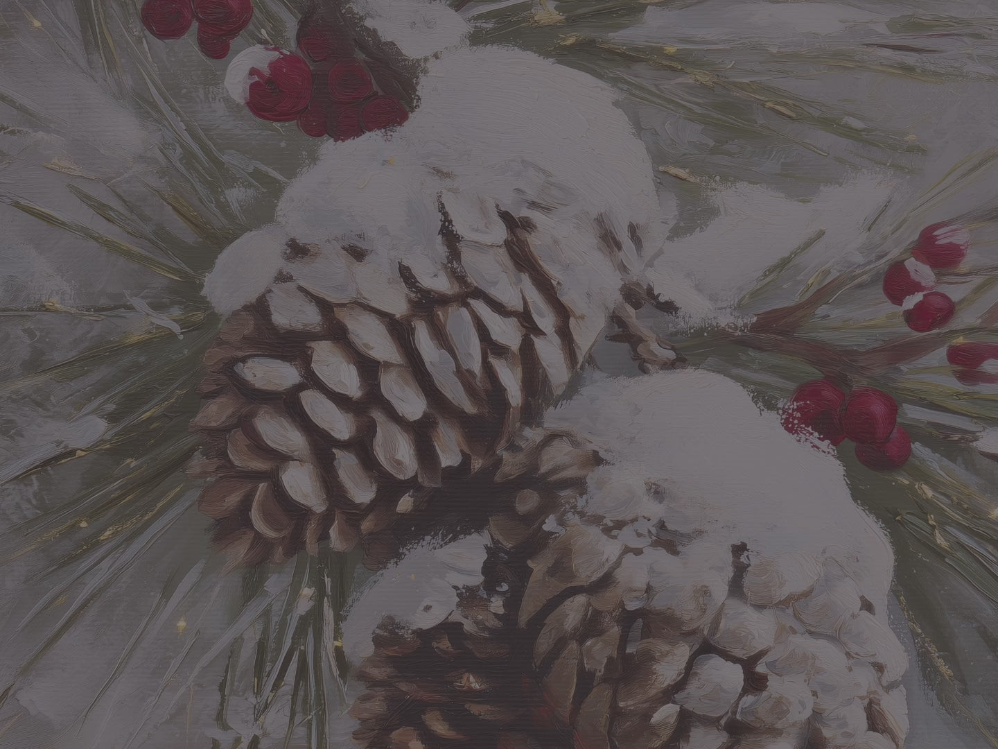 Notizbuch mit verschneiten Kiefernzapfen und immergrünen Blättern – Winterliche Naturkunst, Geschenkidee mit roten Beeren