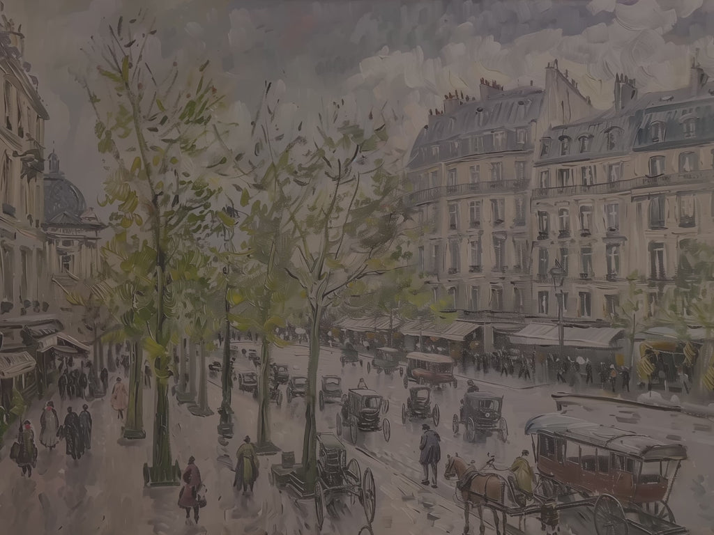 Dekokissen „Paris Boulevard“ – Regenszene mit Pferdekutsche