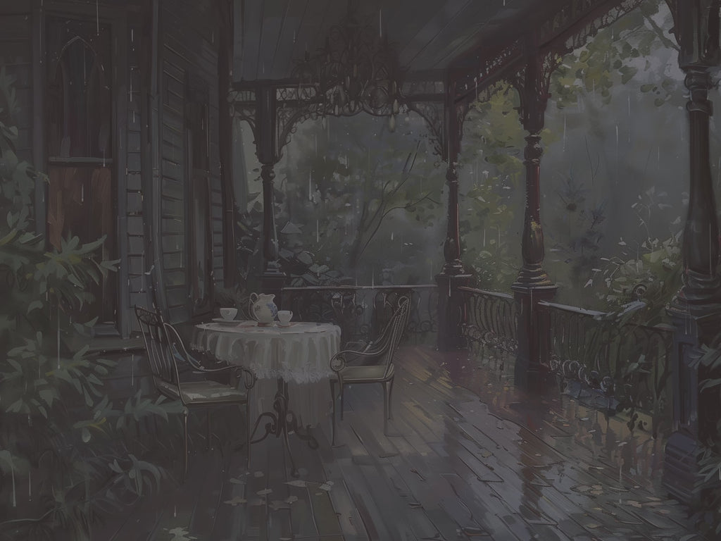 Tableau sur toile représentant une véranda victorienne - Scène de thé matinal sous la pluie - Jardin vintage