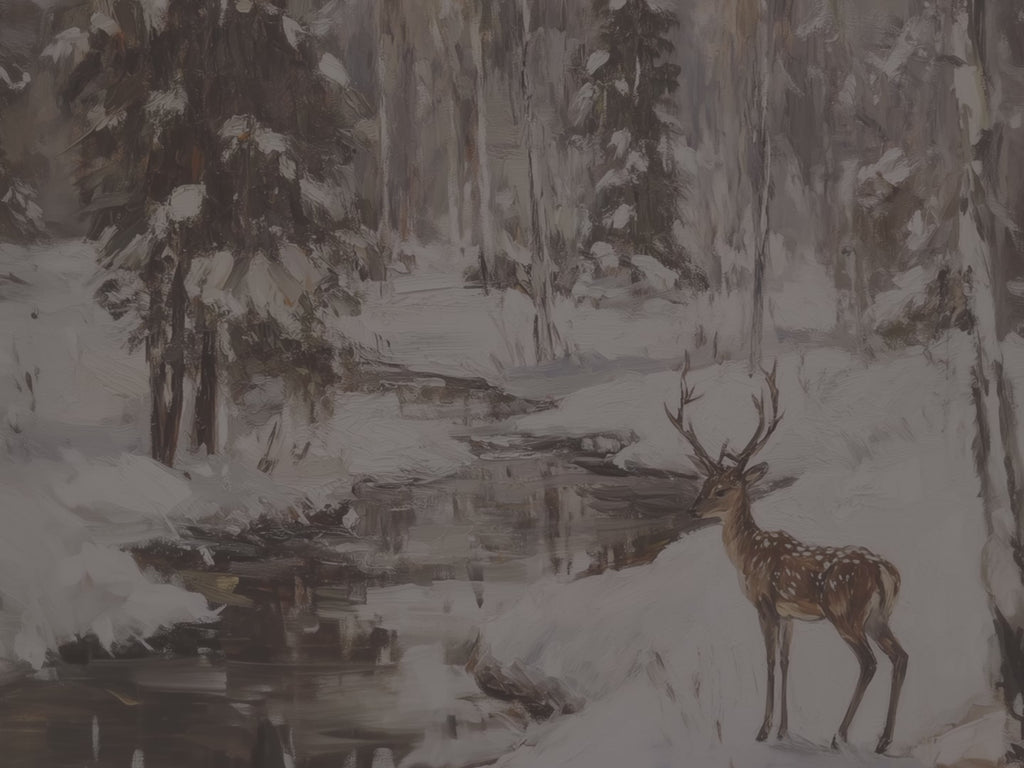 Winterliches Wandbild „Deer Creek“ auf Leinwand – Verschneite Waldlandschaft, Waldtierdekor