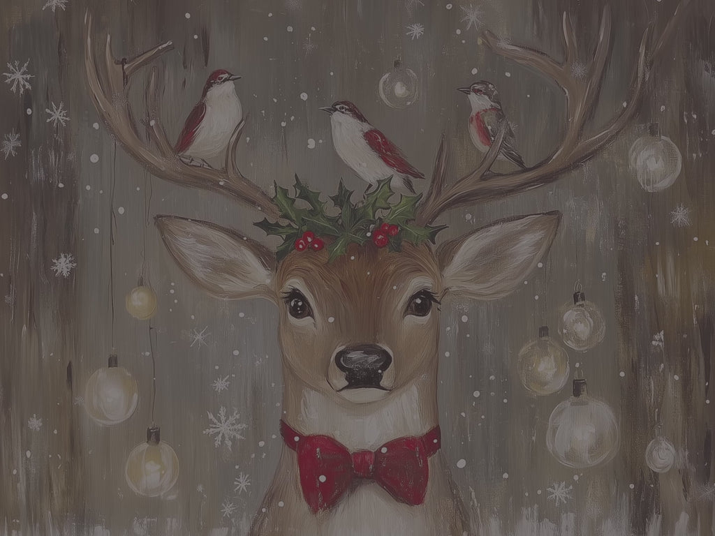 Weihnachts-Wandbild mit Rentieren und Vögeln – Rustikale rote Schleife, Stechpalme, Waldweihnachtsdeko