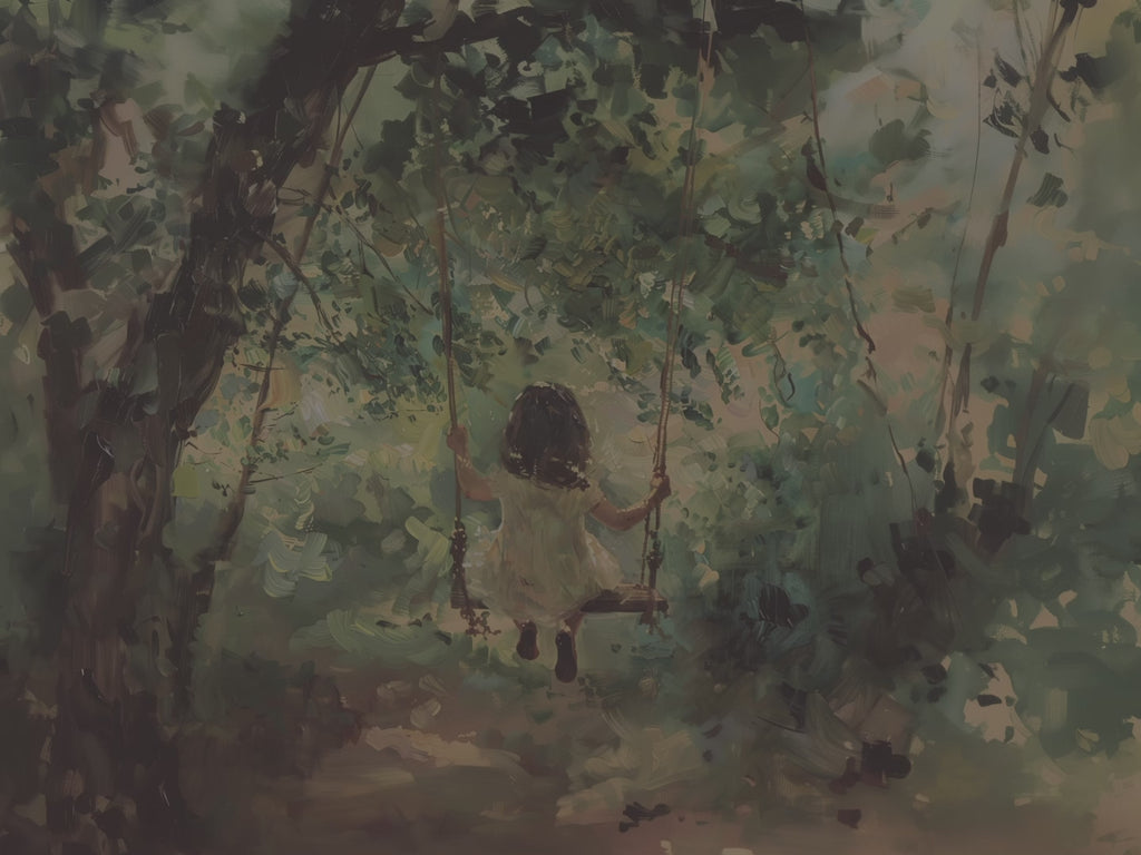 Vintage-Leinwandbild mit Kinderbaumschaukel | Verspielte Waldlandschaft | Nostalgische Kinderzimmerdekoration