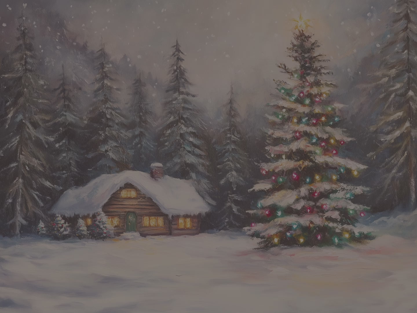 Gemütliches Hütten-Dekokissen – Weihnachtslichter-Winterwunderland-Kissen