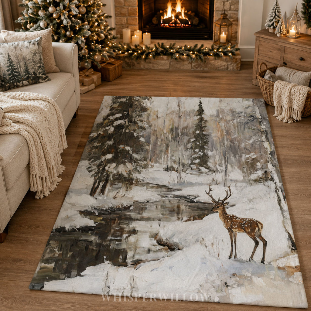 Winter Deer Forest Plush Throw Blanket - Snowy Woodland Stream Gift, Christmas Decor